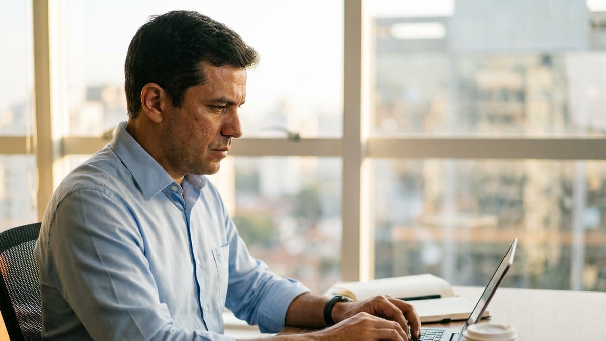 Vendedor analisando o funil de vendas no notebook